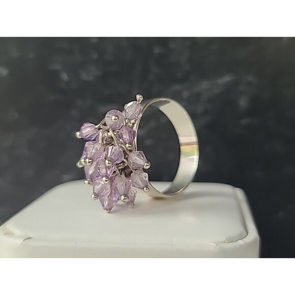 950 Silver Purple Plastic Beaded Cha Cha Ring Vintage, SIZE US 10 - Picture 5 of 10